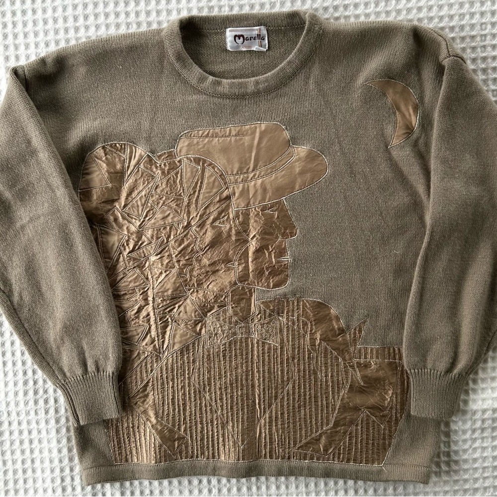 Vintage Appliqué Faces Sweater Knit Neutral Unique Moon